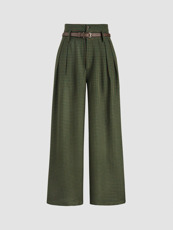 Cider Pants - Cider Olive Green Plaid High-Waist Wide-Leg Trousers